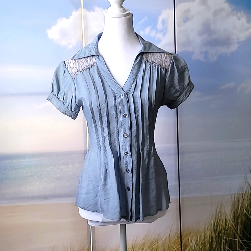 Button Down Lace Panel Satin Shirt